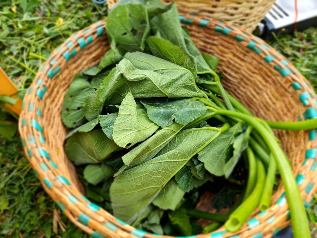 pumpkin leaves known as lisebebe in Luhya inside a traditional woven basket known as shimwero or kihinda 