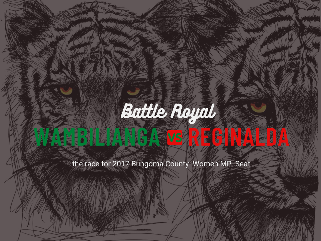 poster with image of two lions titled wambilinga vs reginalda battle for 2017 bungoma women representative seat