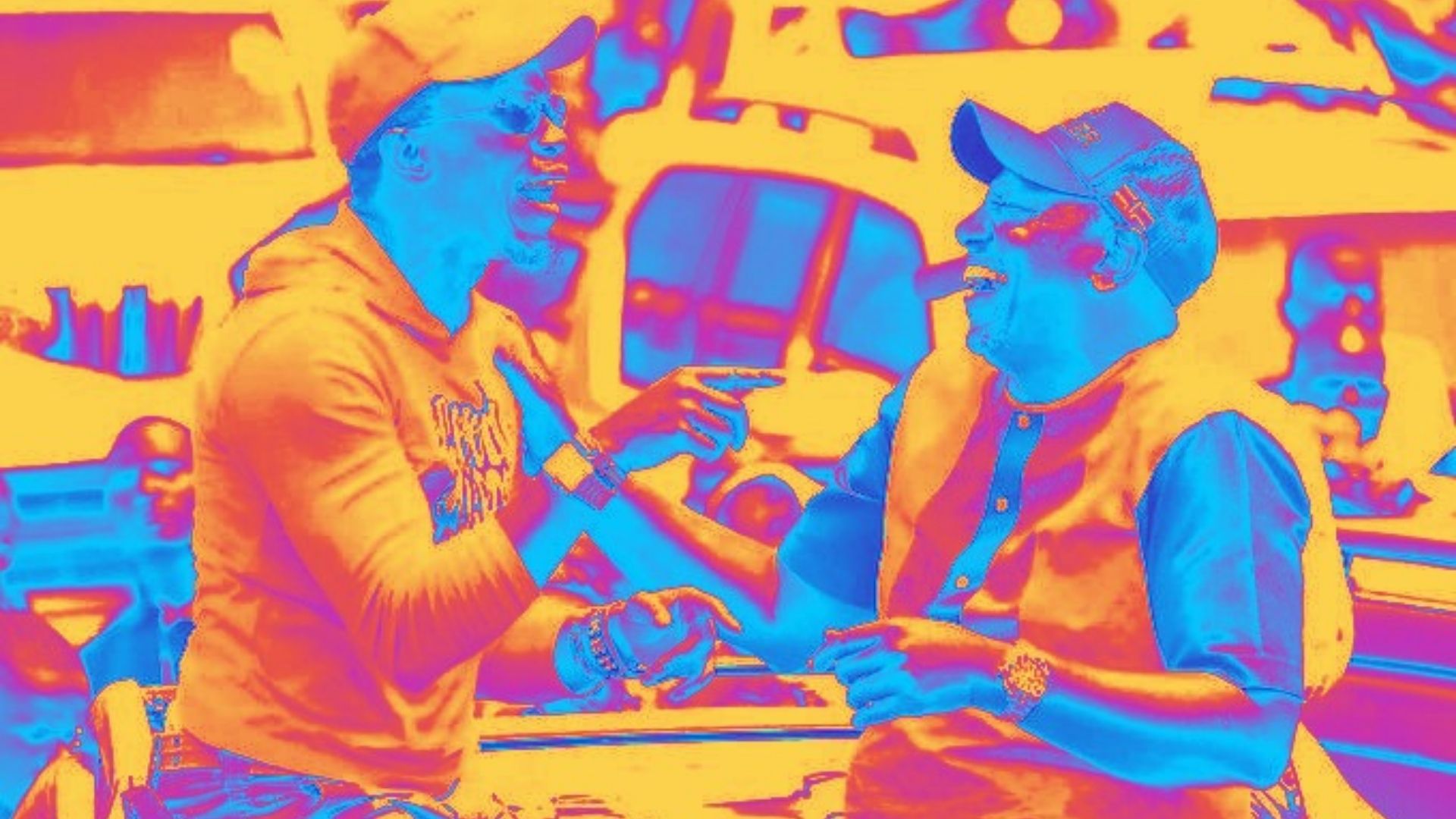 artistic touch up of Ababu Namwamba sharing a laugh with Deputy President William Ruto on during the earthquake in Busia rallies