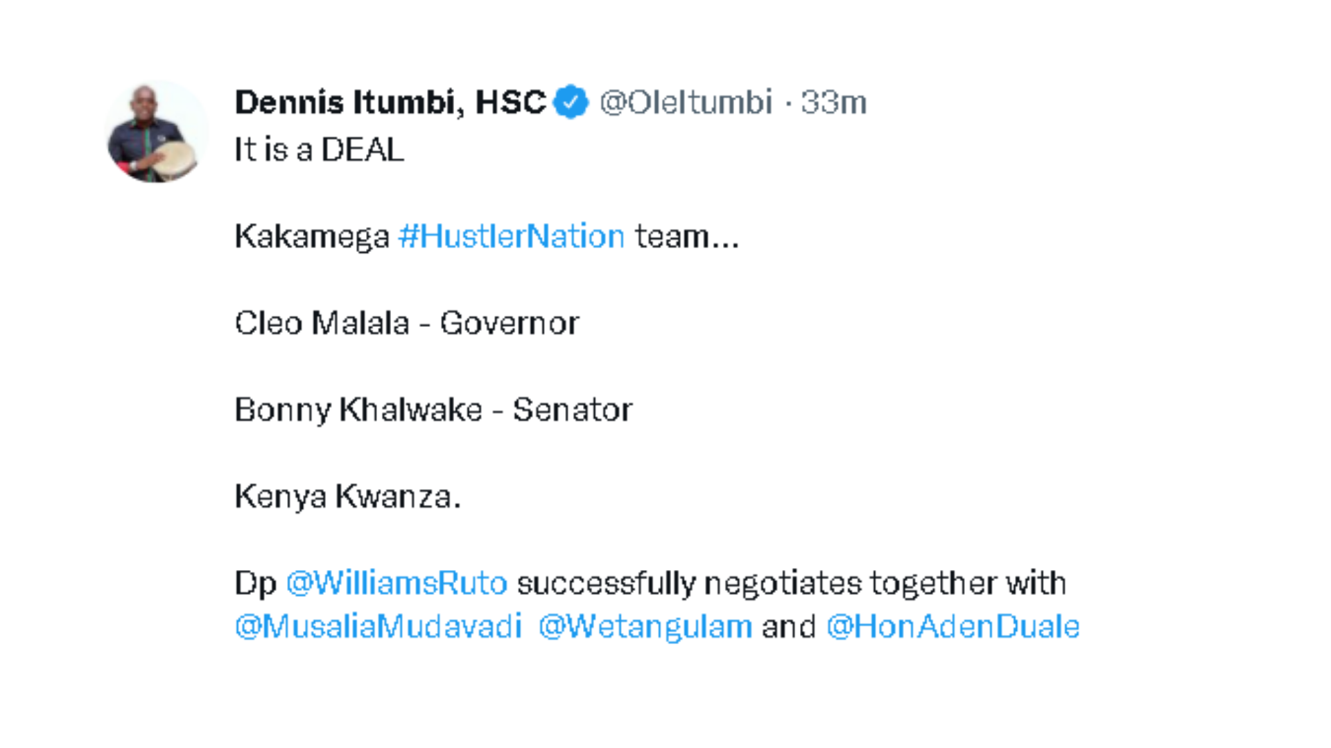 dennis itumbi tweet announcing truce between khalwale and malala over the 2022 Kakamega governor contest
