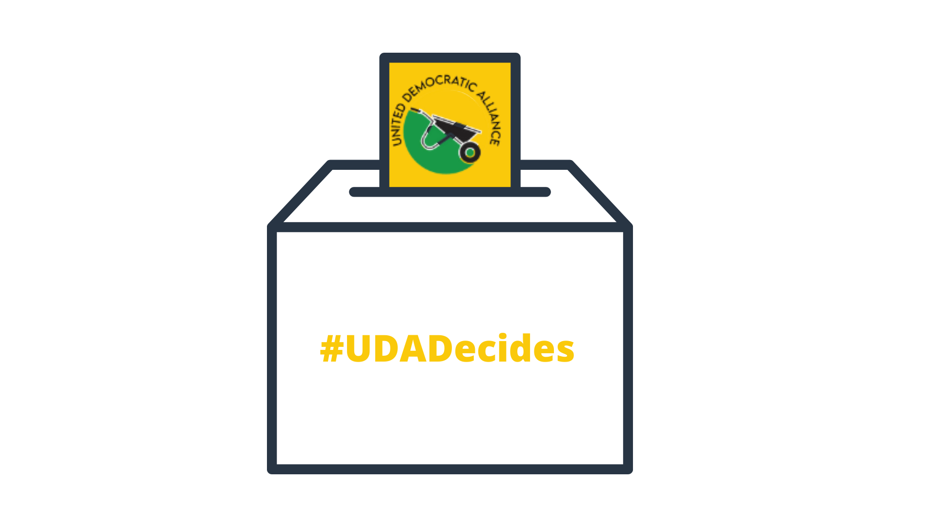#UDADecides poster with illustration of ballot with UDA party symbol being cast into a white ballot box
