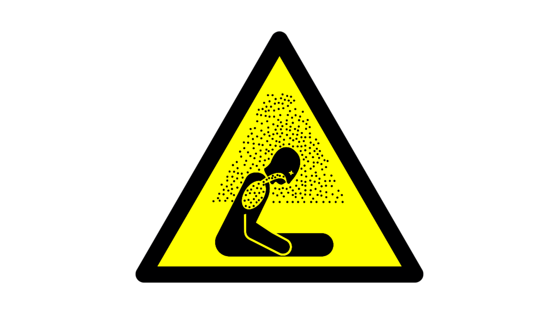 triangular warning sign with yellow background and drawing of person hunched over coughing with aerosols all over them