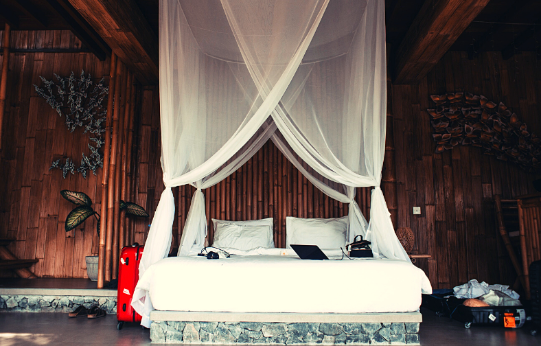 hotel room with a rustic african theme