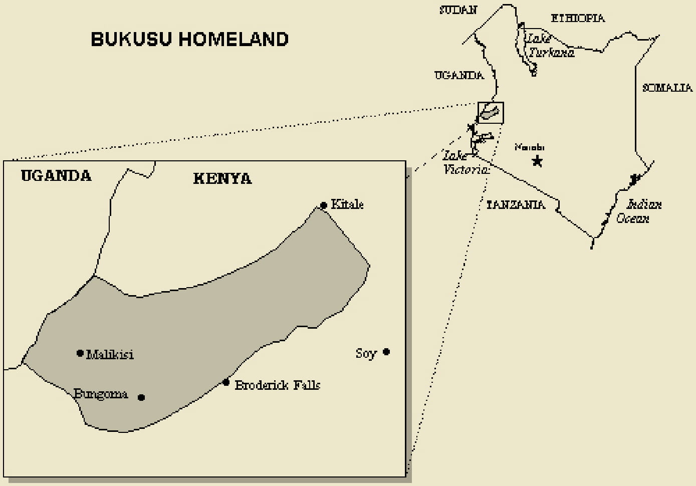 Map of Bukusu homeland which is by the foot of Mt. Elgon, the home of Bukusu proverbs and sayings