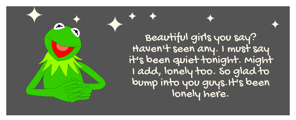 Comic of Namakanda the frog in a confident pose, denying that he'd seen the six sisters.  