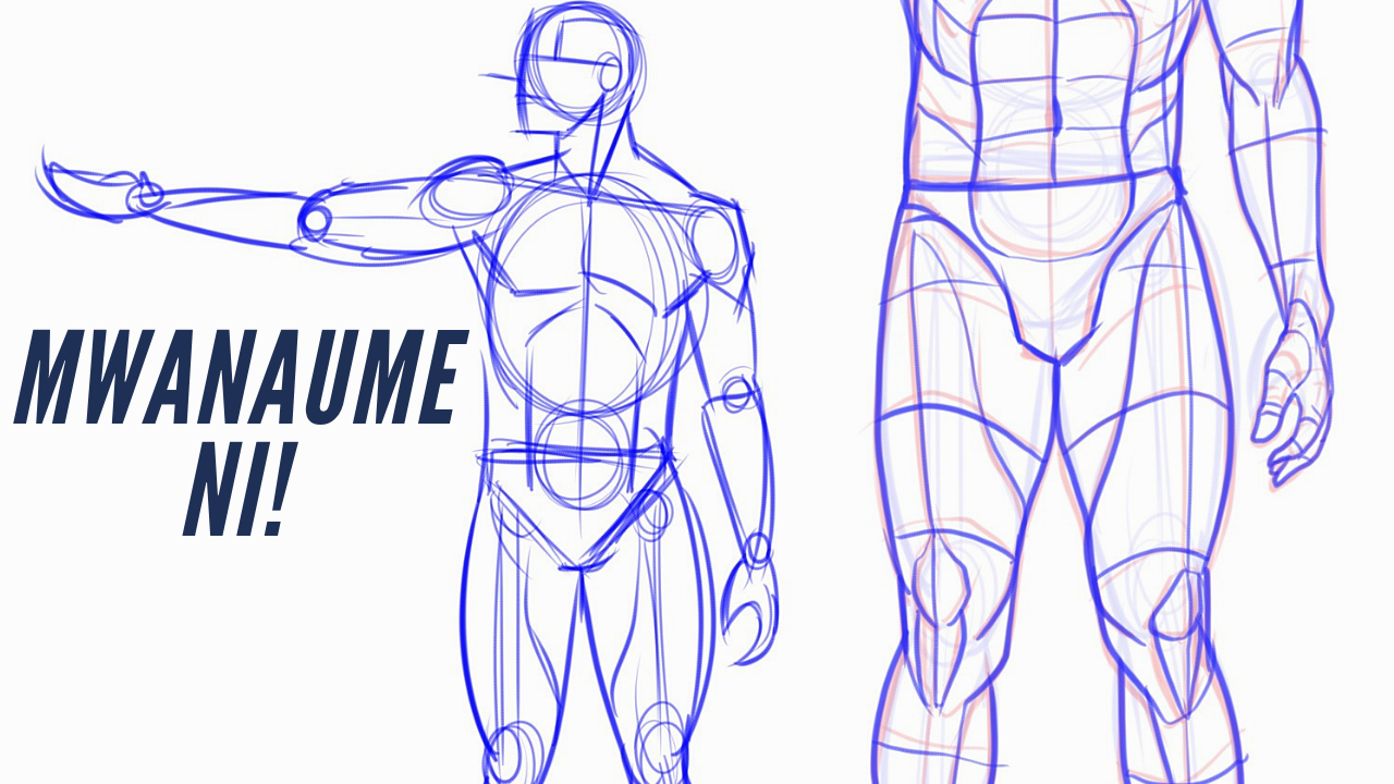 poster titled 'mwanaume ni' depicting musculature of man typifying omundu strong