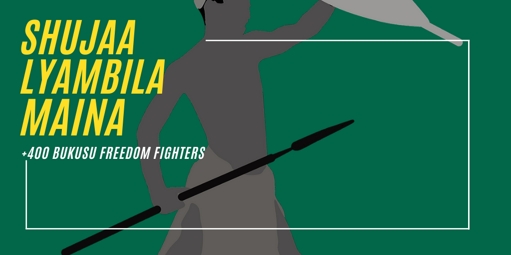 poster in memory of shujaas of Lumboka war with silhouette of African warrior, spear in hand