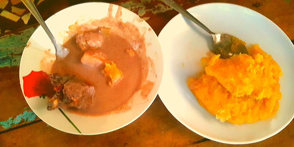 mashed matoke and soup made of groundnut and smoked meat make up this variant of katogo