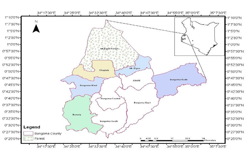 Map of Bungoma County with sub counties, longitude and latitude