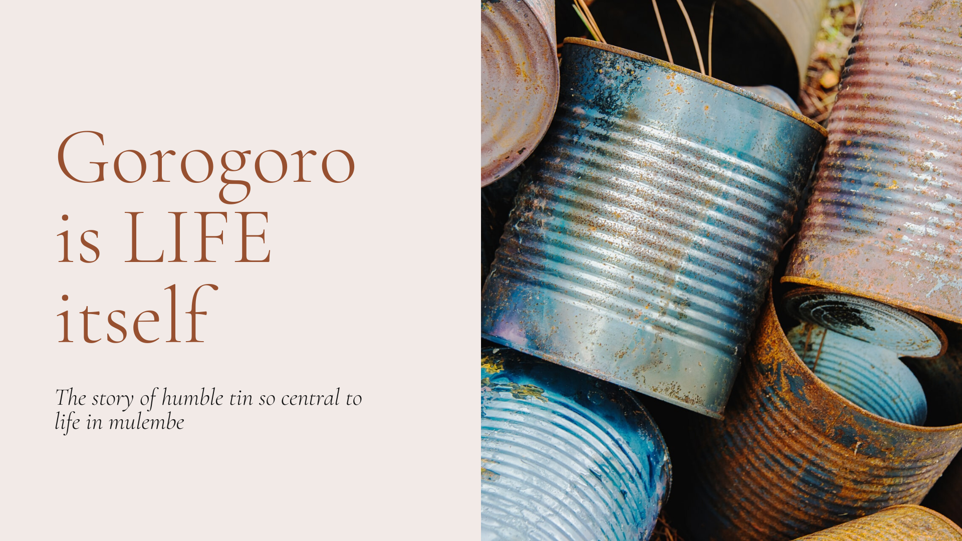 poster with image of old rusty tins titled gorogoro is life itself- the story of a humble tin and how central it is to life in mulembe