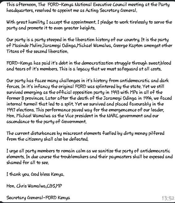 image of tweet by newly appointed Ford Kenya secretary general Chris Wamalwa