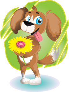 Cartoon dog character holding a flower and with tongue out in anticipation