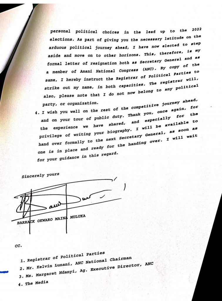 page two of Barrack Muluka resignation letter as ANC secretary general