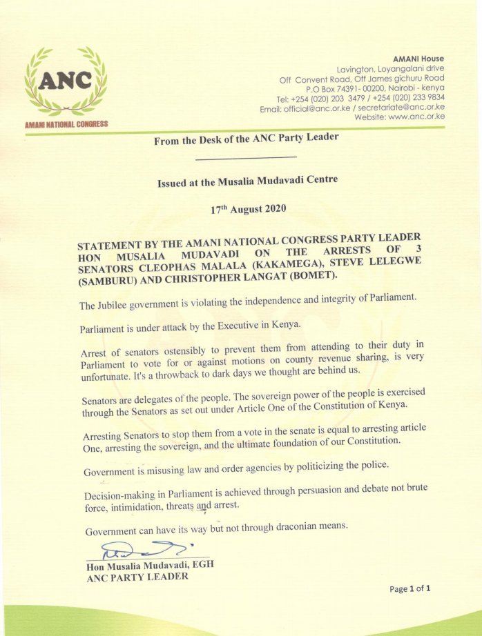 Musalia Mudavadi statement on arrest of 3 senators - Malala, Langat and Lelegwe