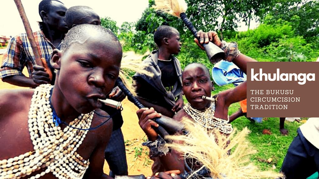 poster of khulanga the bukusu circumcision tradition with image of two boys in traditional regalia dancing and blowing whistles