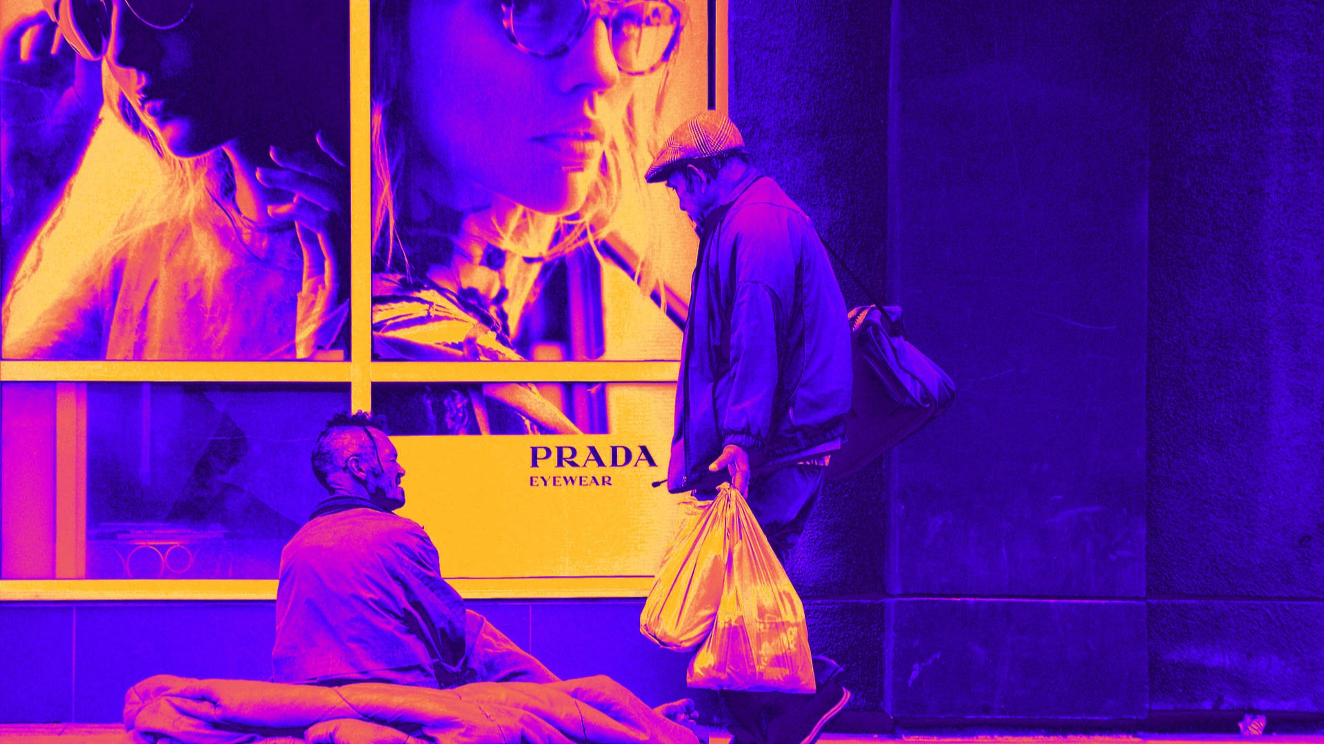 a man with shopping bags passesby a beggar in the streets by a banner advertising high fashion wear is an image that captures the widening wealth gap