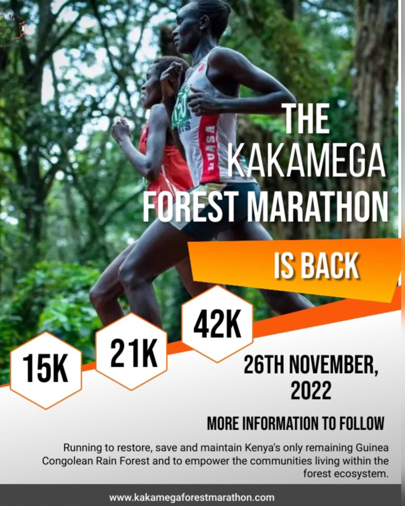 2022 Kakamega Forest Marathon promotional poster with image of female professional athletes running in a greeny area