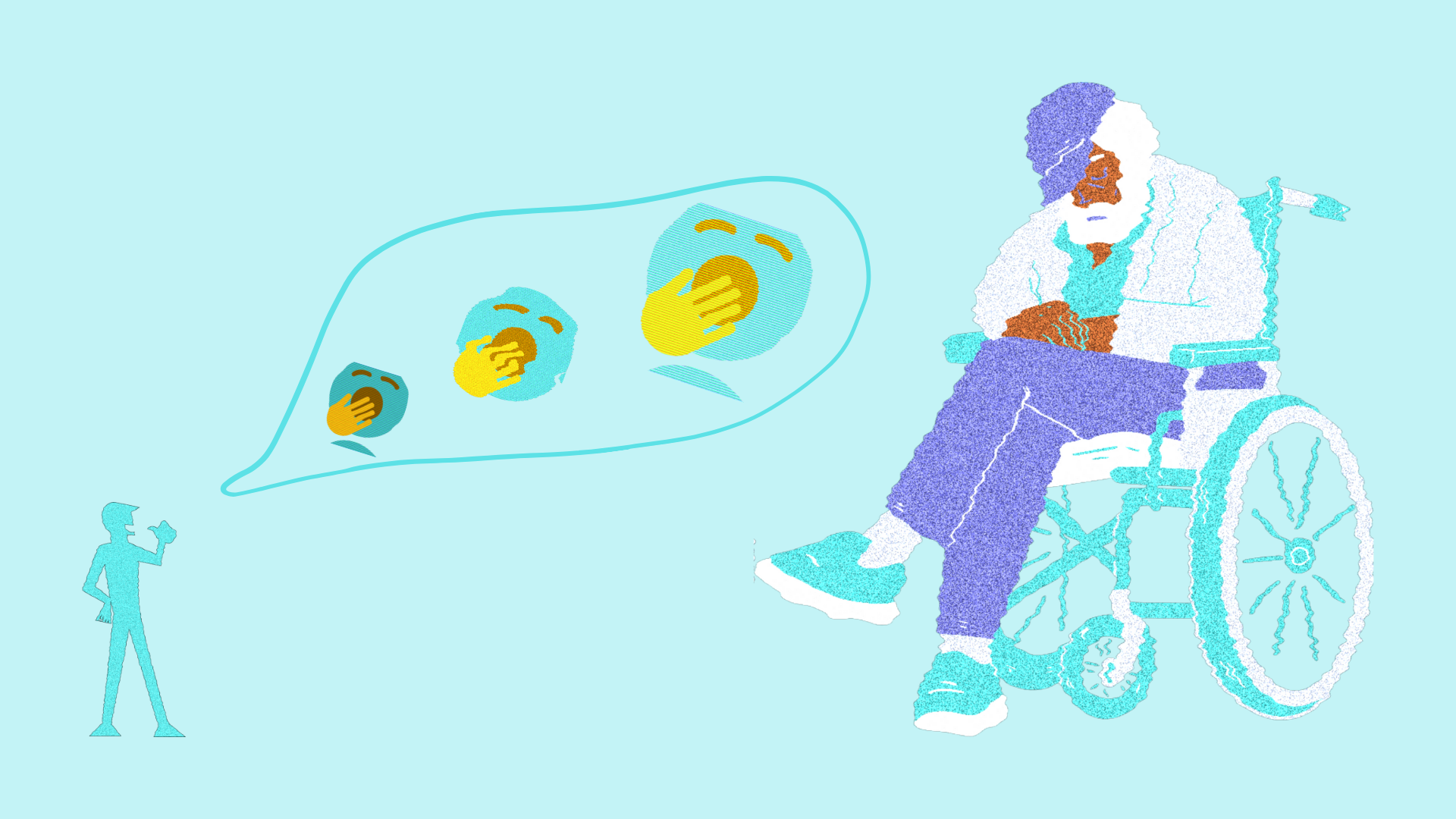 illustration of a tiny person boasting to an uninterested old man dozing off in a wheelchair is this artist's depiction of the meaning of the Luhya proverb eshia wima omukofu aba yashilia