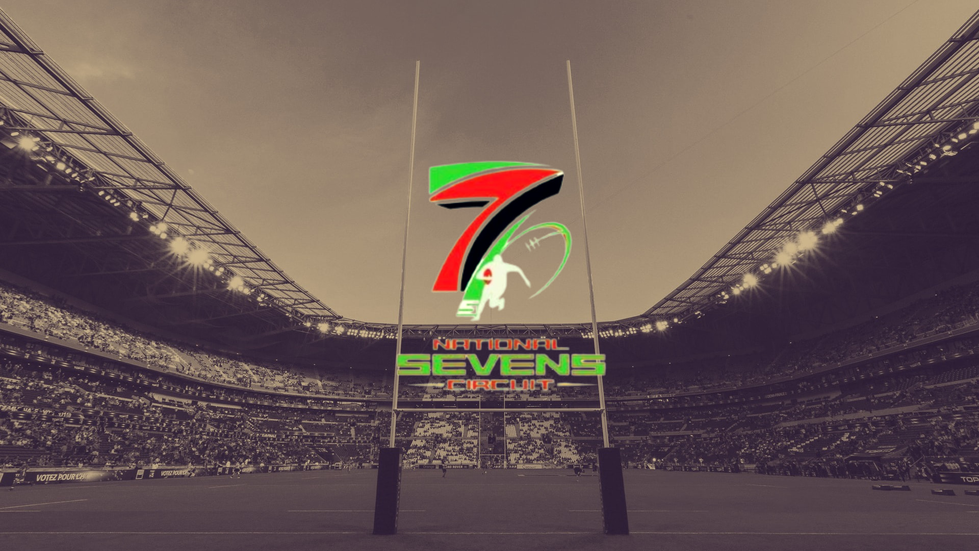 poster image of kenya national sevens rugby circuit logo upon a sepia toned image of the Lyon stadium in France