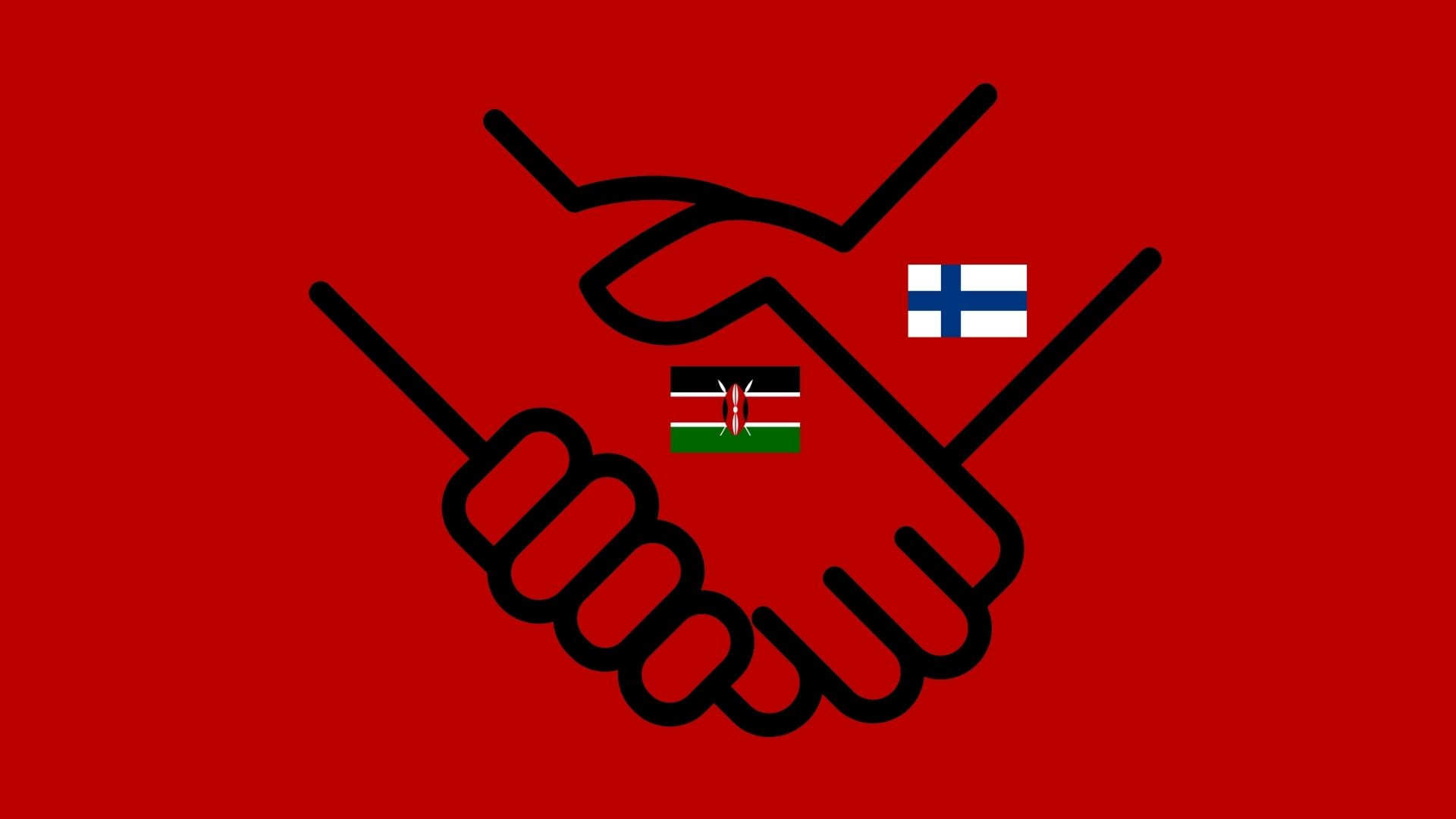 handshake illustrarion upon a red background with flags of Kenya and Finland depicting the Finnish - Mulembe connection