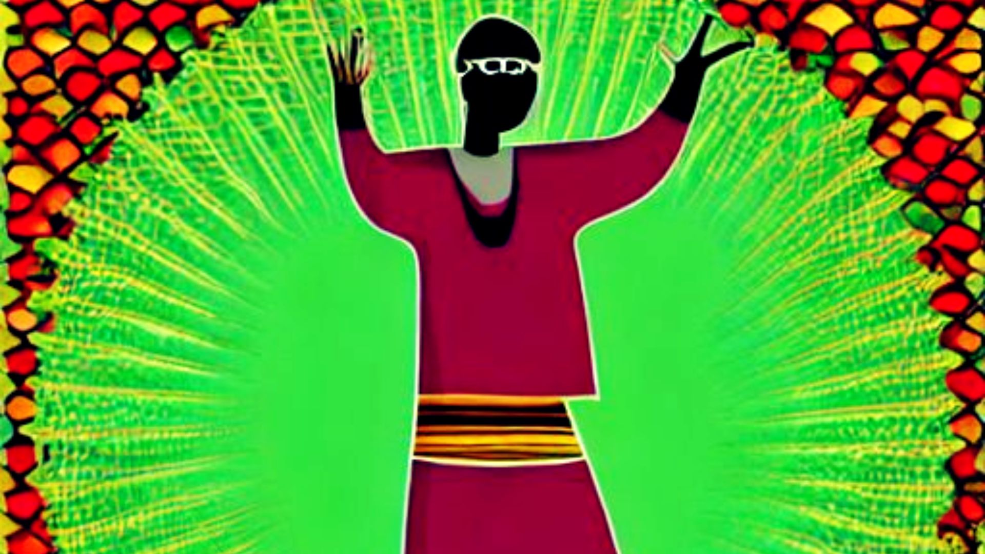artistic representation of an African man in African attire in a celebratory mood as if there are blessings, zingavi, in his life