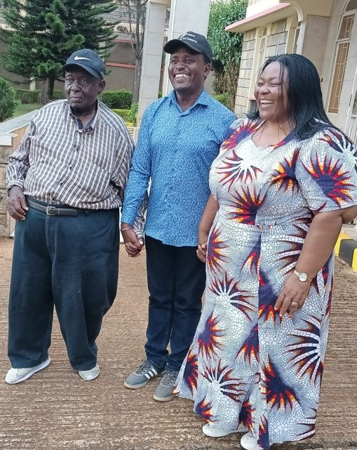 a elderly Businessman Ambwere with Trans Nzoia Governor George Natambeya and a woman 