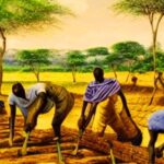 an ai generated painting showing communal work in the shamba