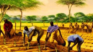 an ai generated painting showing communal work in the shamba