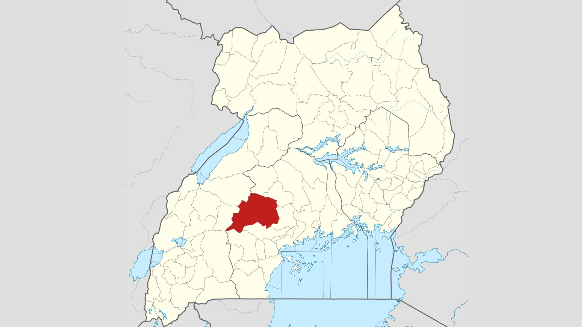 Mubende district in central Uganda highlighted in red on a map of Uganda