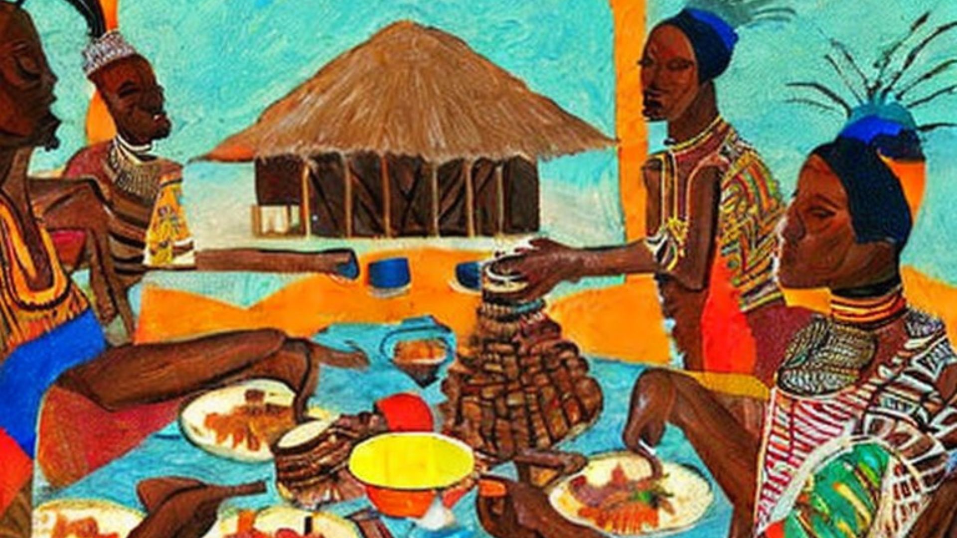 generative AI painting showing a party of African noblemen feasting on a table in an African setting