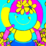 cartoon illustration of a baby girl with a big smile on her face, she has a flower in her hair and surrounded by cheerful colors and playful elements such as flowers. The illustration embodies the feeling of joy and happiness, which aligns with the meaning of the name Agayanzi