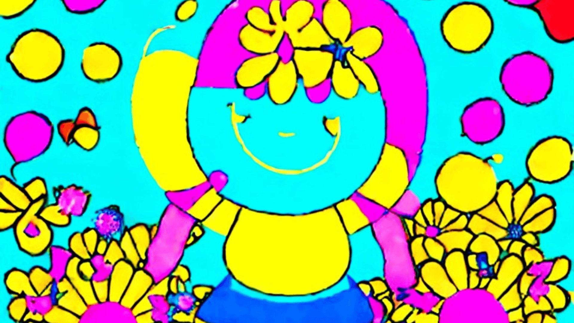 cartoon illustration of a baby girl with a big smile on her face, she has a flower in her hair and surrounded by cheerful colors and playful elements such as flowers. The illustration embodies the feeling of joy and happiness, which aligns with the meaning of the name Agayanzi