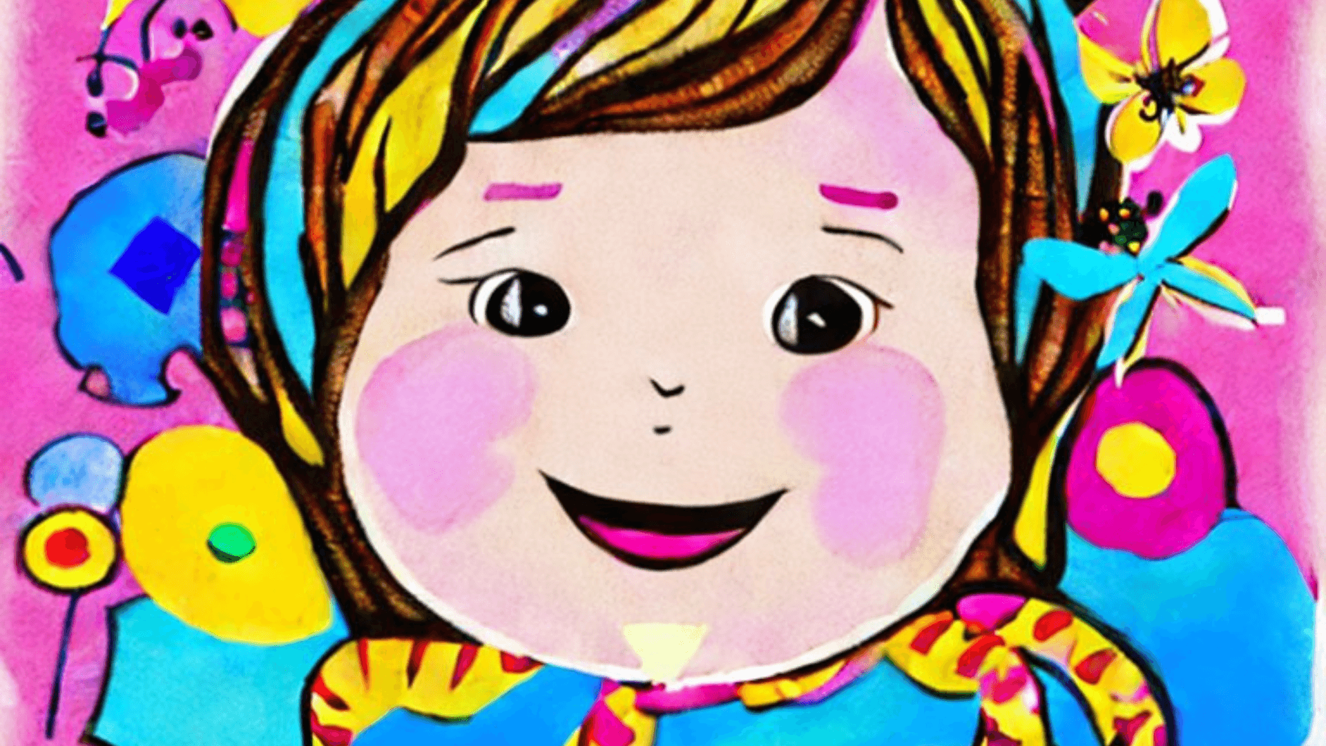 An illustration of a happy baby girl surrounded by elements symbolizing happiness such as butterflies and flowers, set in a joyful background embodying the feeling of joy and happiness aligning with the meaning of the name Asangale, which means happy in Maragoli language