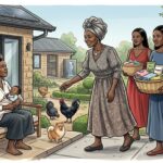 Kutulitsa Mukana ceremony among Maragoli women with grandmother presenting gifts to daughter and newborn in rural Kenya