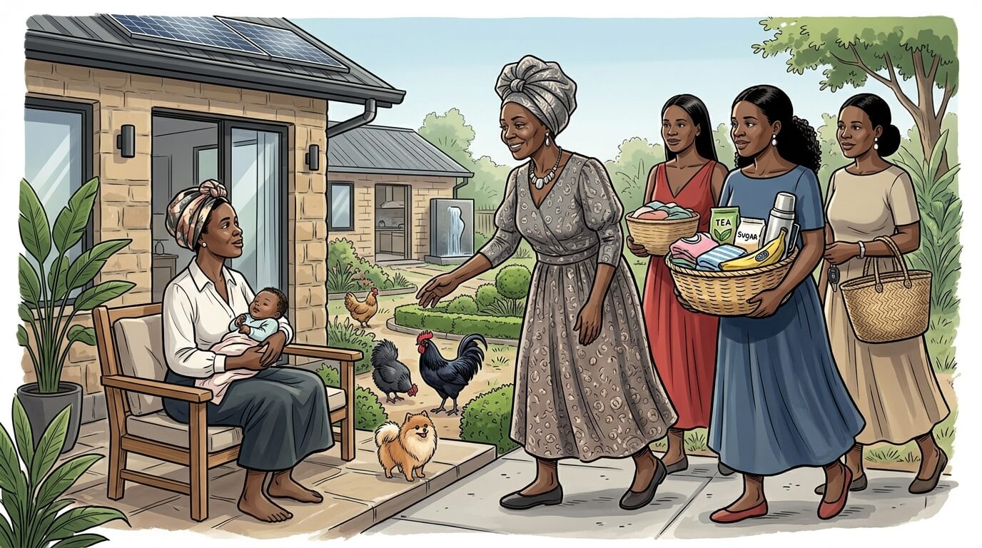 Kutulitsa Mukana ceremony among Maragoli women with grandmother presenting gifts to daughter and newborn in rural Kenya