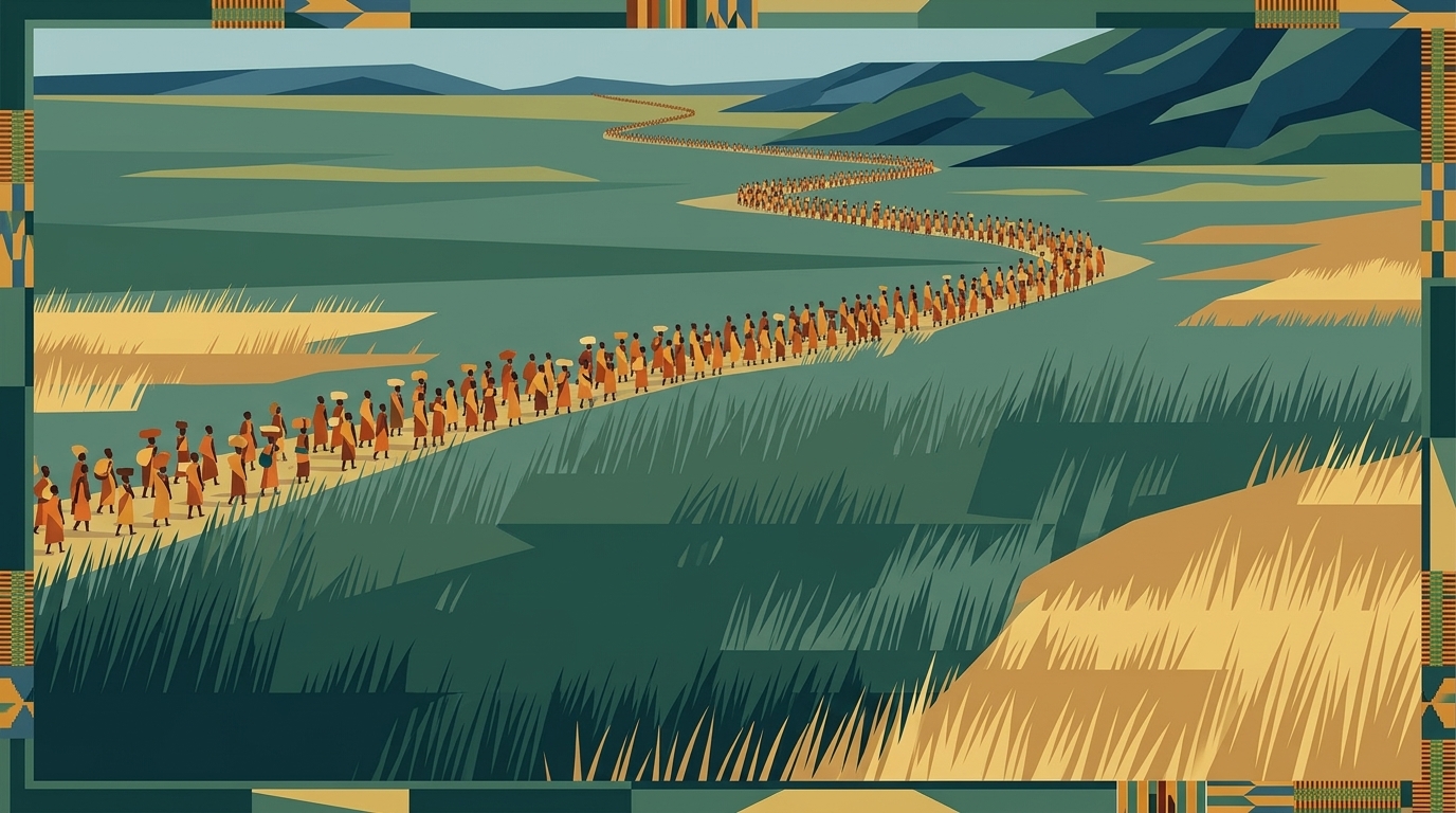 Avalogooli people migrating to and across East Africa — editorial illustration of the Great Maragoli Migration to Vihiga