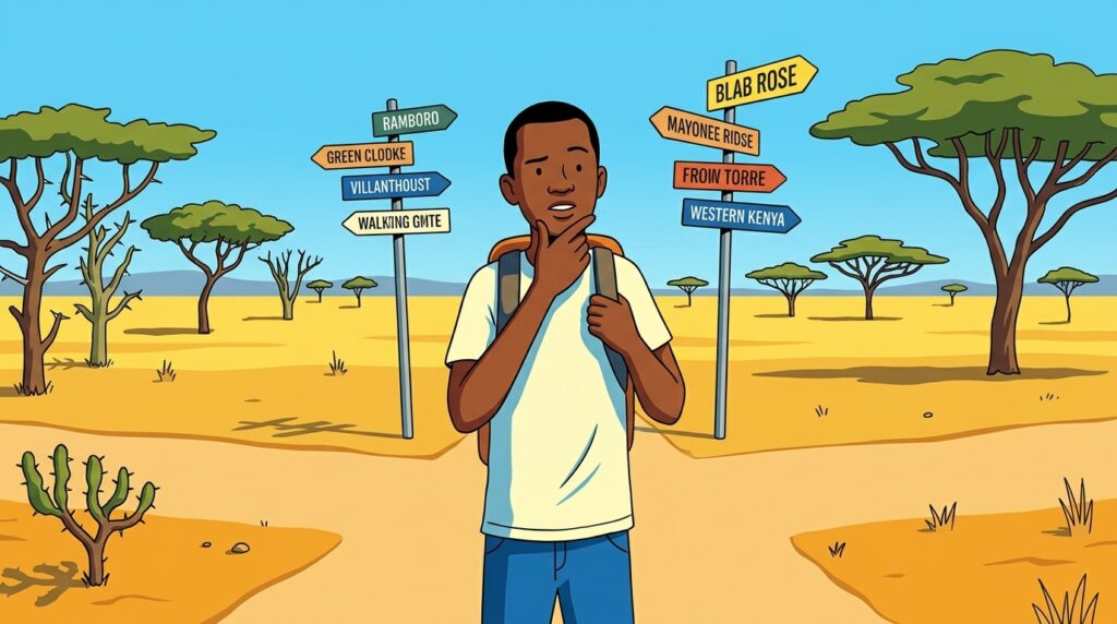 Western Kenya traveller at crossroads in Kenya. Editorial illustration for Ikine On Tour travel diary series