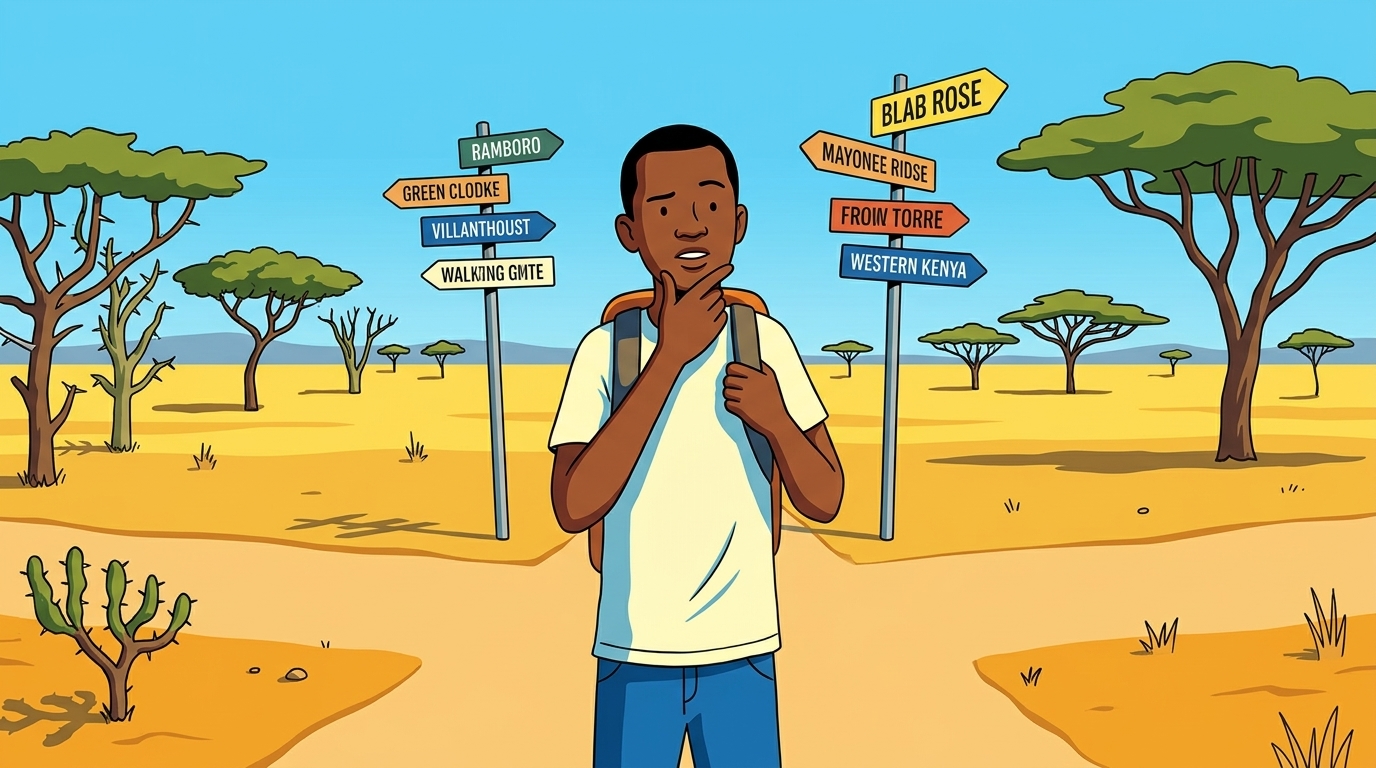 Western Kenya traveller at crossroads in Kenya. Editorial illustration for Ikine On Tour travel diary series