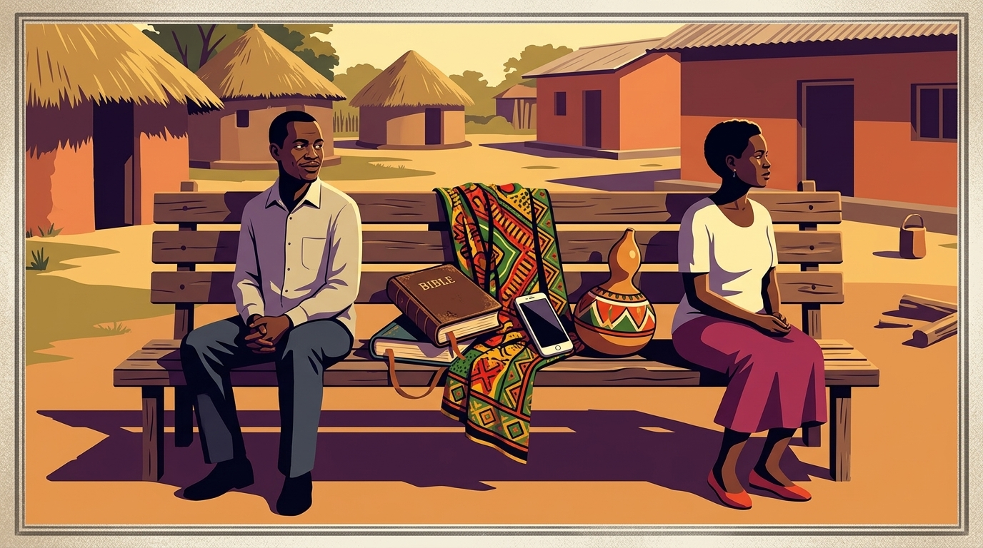 Luhya couple in western Kenya compound. Editorial illustration for Kamanyasi Chronicles docu-series on Luhya culture and infidelity myths