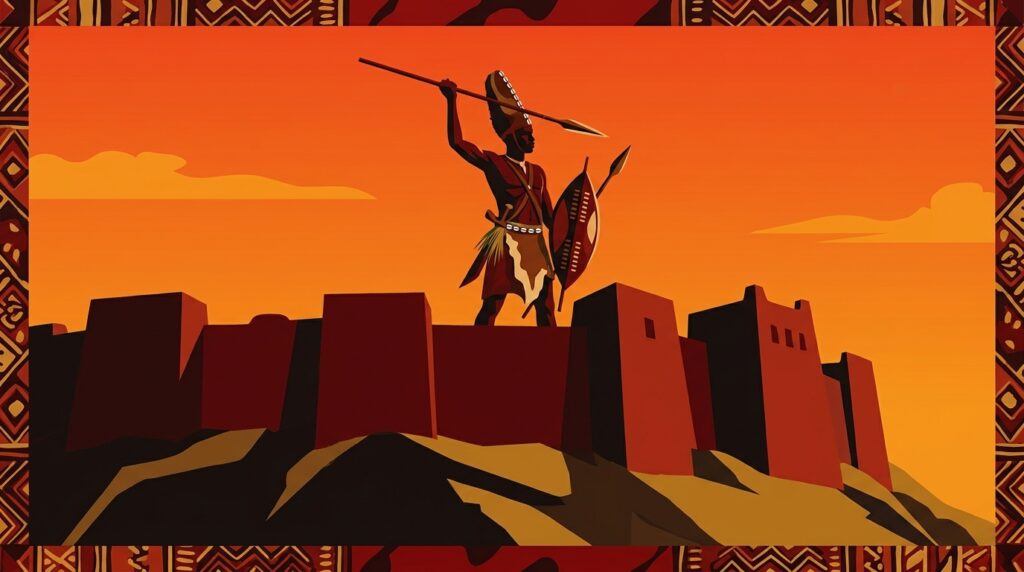 Bukusu warrior at Chetambe Fort 1895 — editorial illustration of the Lumboka-Chetambe War