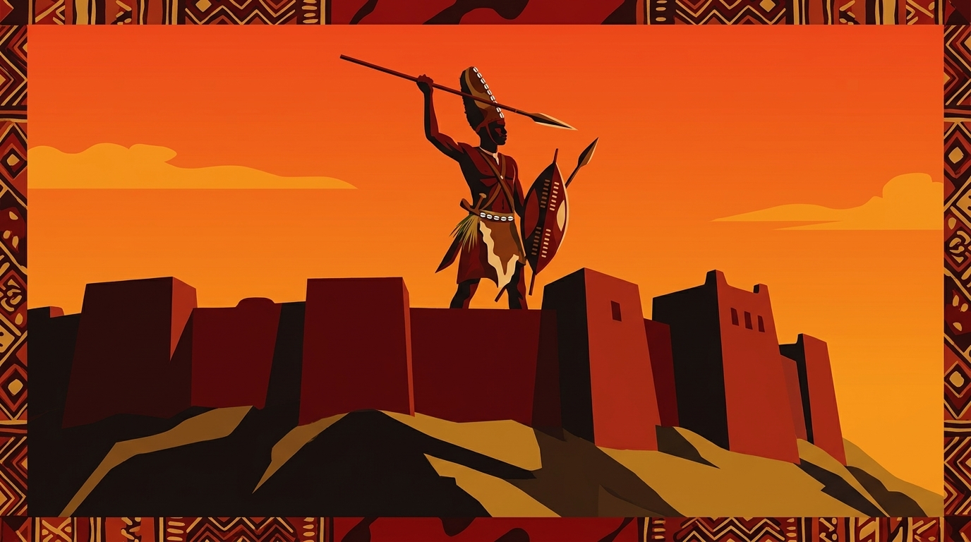 Bukusu warrior at Chetambe Fort 1895 — editorial illustration of the Lumboka-Chetambe War